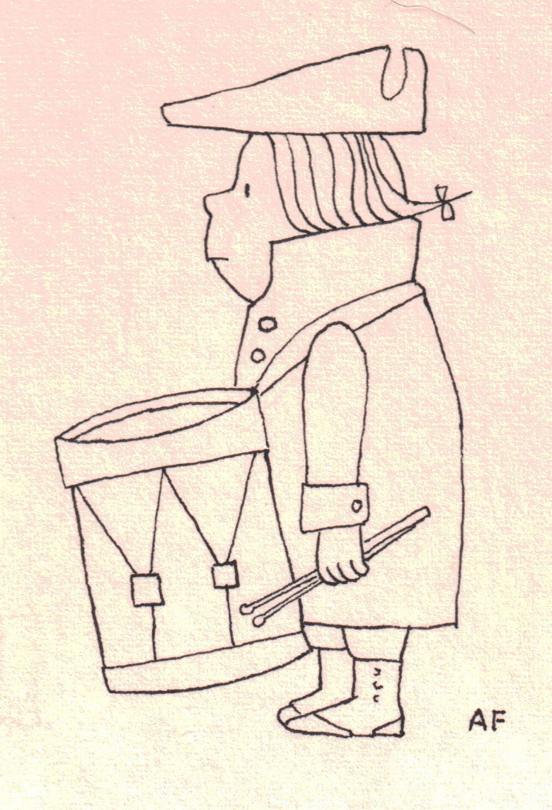 Aiken as a drummer boy drawn by a cartoon artist at the Boston Globe